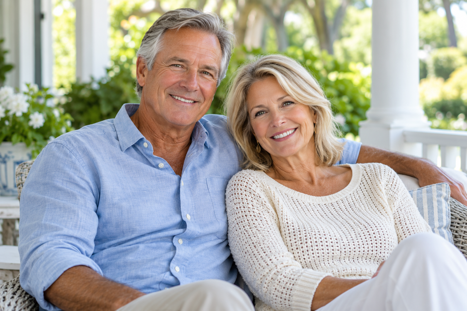 A smiling older couple relaxing together on their porch